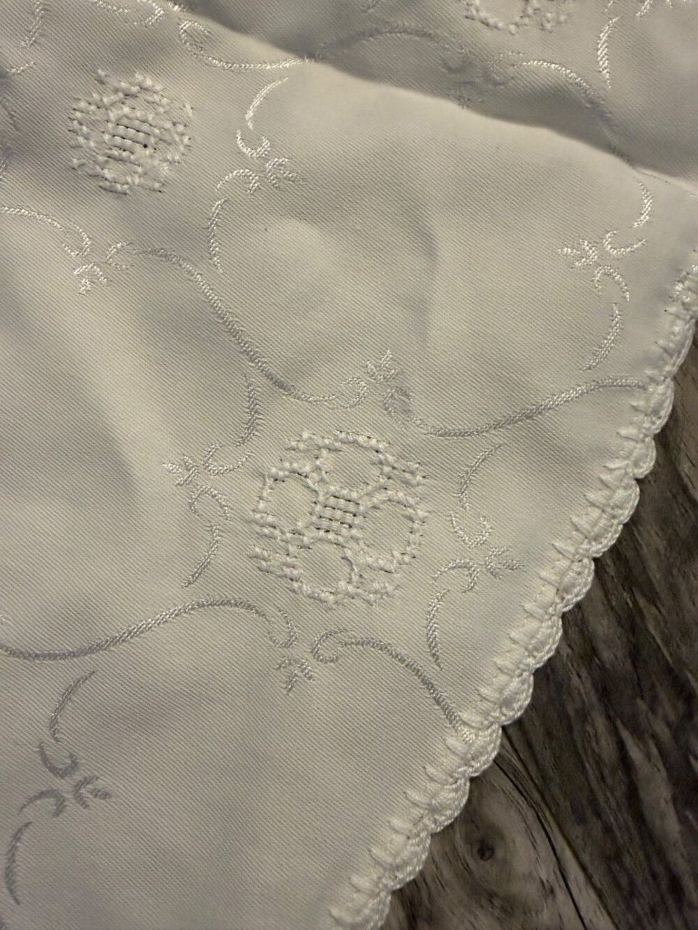 Vintage Round White Hand Embroidered Round Tablecloth Scalloped Edge Cottagecore